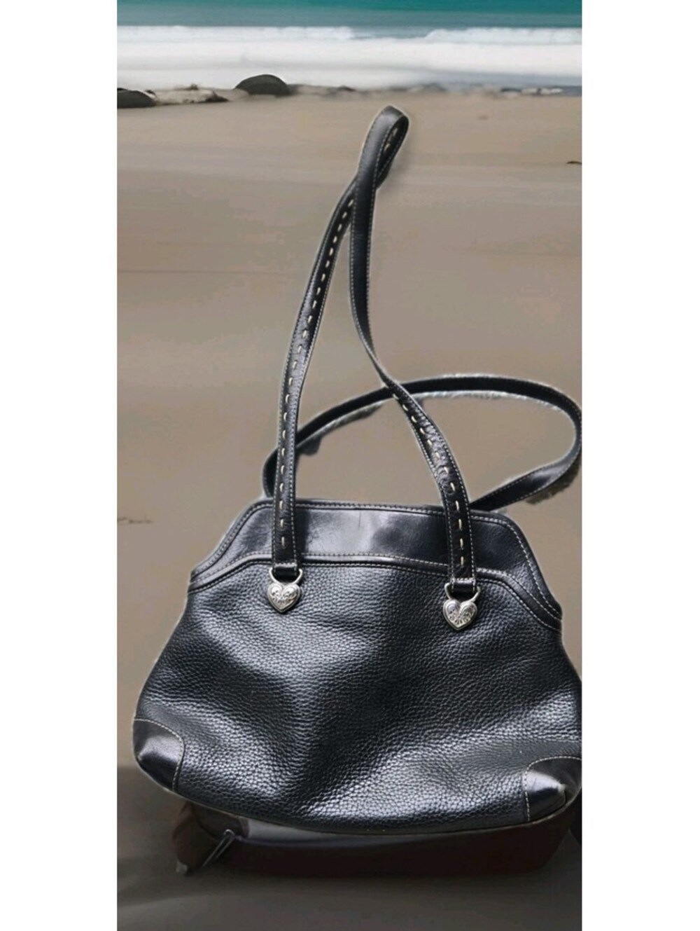 Brighton 279483 Vintage Black Leather Shoulder Bag Strap Is Stitched Trim No.
